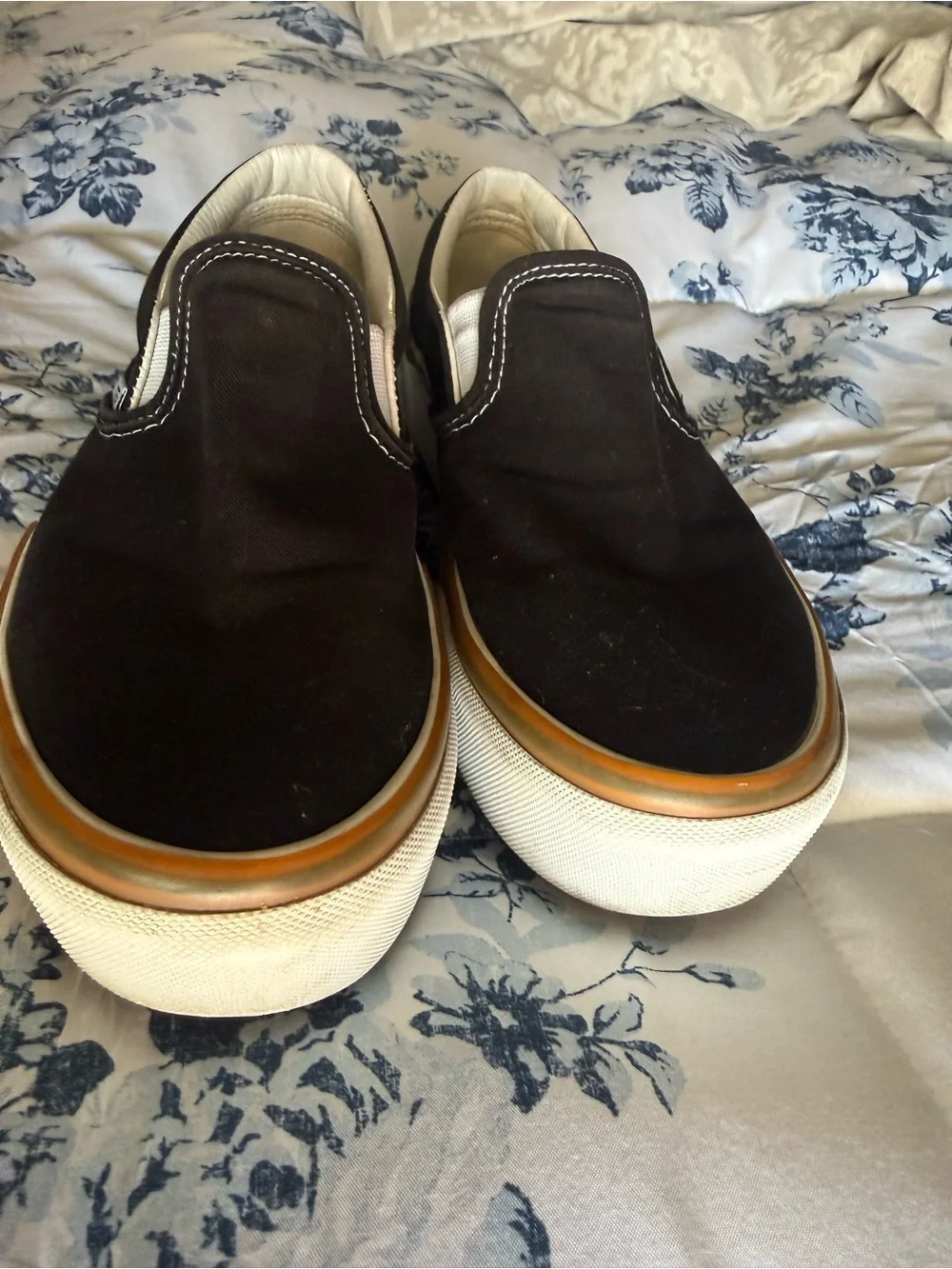 Vans Black and Tan Platform Slip-On Sneakers